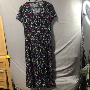 Vintage Impressions Workshop Women Black Floral Dress XL 100%Rayon Maxi ButtonUp